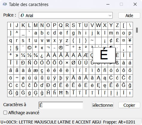 Tables des caractères Windows